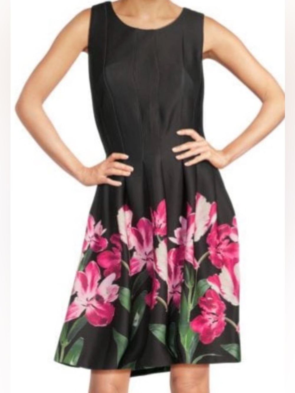 HALSTON Black/Pink Floral Pintuck Knee Length Sleeveless Dress: Size 10
